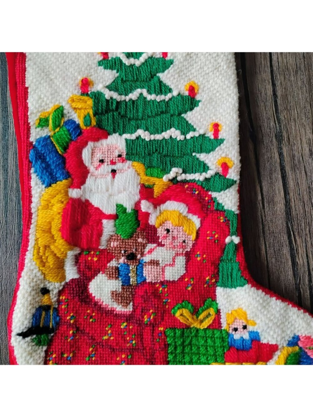 Vintage Handmade Needlepoint Christmas Stockings Set Of 2 Santa & Bear Trimming - Picture 6 of 11